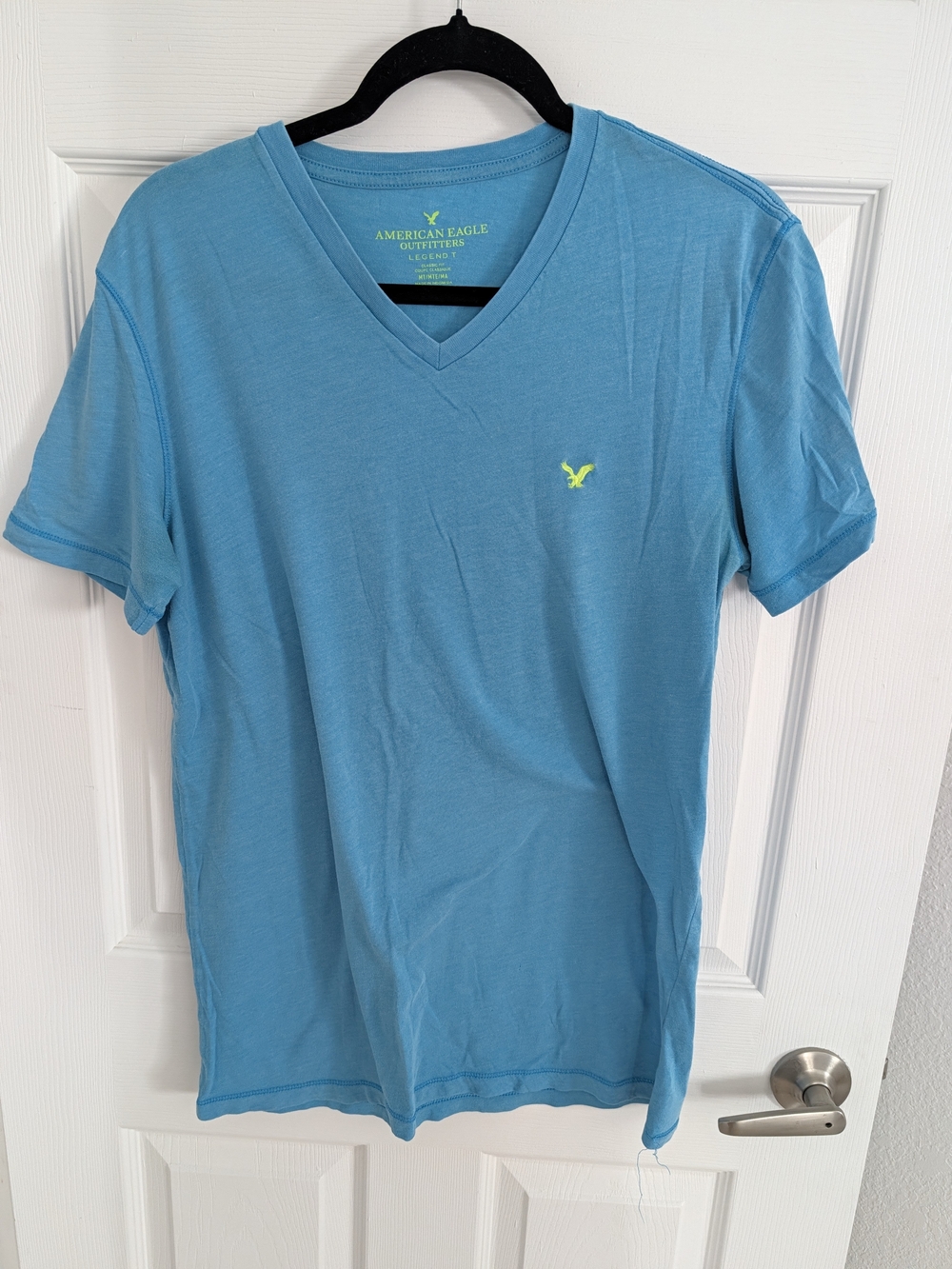 American Eagle Outfitters Menβs V-Neck Tee in Aqua Blue with Neon Logo